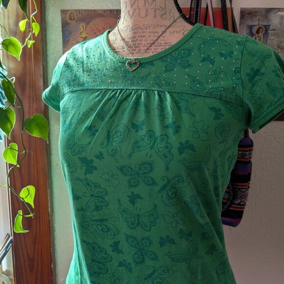 Butterfly Rhinestone Vintage Y2k Green Graphic tee - Picture 1 of 6